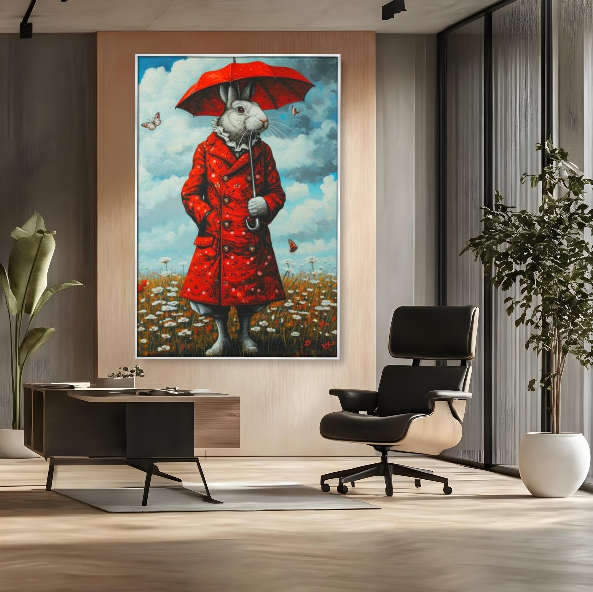 Tablou canvas cu tablou canvas cu iepure antropomorf in haina rosie, in rama de aluminiu argintiu, pe perete intr-un birou